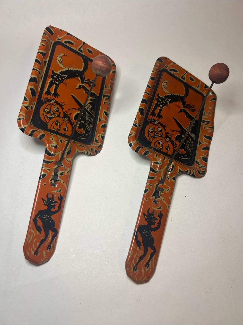 2 Vintage Kirchhof Halloween Noisemaker Devil Cat Witch Moon Pumpkin Metal Toy